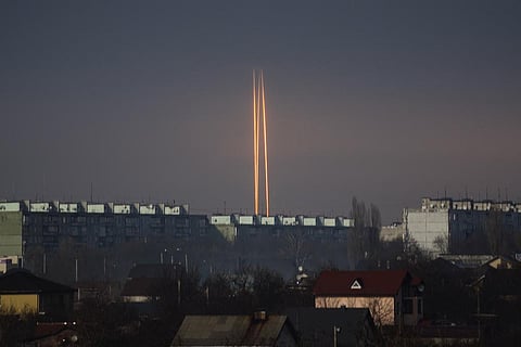Three rockets launched against Ukraine from Russia's Belgorod region are seen at dawn in Kharkiv, Ukraine, Thursday, March 9, 2023. (Photo | AP)