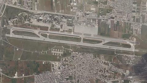 This satellite image from Planet Labs PBC shows damage on the runway of Aleppo International Airport after a suspected Israeli strike there in Aleppo, Syria, Tuesday, March 7, 2023. (Photo | AP)