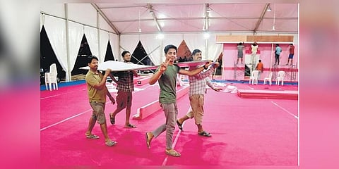 Preparations are being carried out on Friday for the function to mark the second anniversary of the LDF government at Marine Drive ground | T P Sooraj