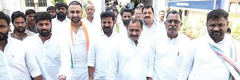  TPCC president A Revanth Reddy and other Congress leaders leave the office of the Enforcement Directorate after complaining, in Hyderabad on Friday 