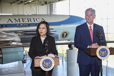 House Speaker Kevin McCarthy, and Taiwanese President Tsai Ing-wen deliver statements to the press after a Bipartisan Leadership Meeting at the Ronald Reagan Presidential Library in Simi Valley, on Ap