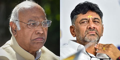 AICC chief Mallikarjun Kharge and Karnataka Congress unit president D K Shivakumar. (Photos | PTI)
