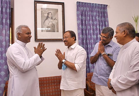 Union Minister of State V Muraleedharan meets Latin Catholic Archbishop Thomas J Netto at Archbishop’s House in Vellayambalam, Thiruvananthapuram. (Photo | B P Deepu)