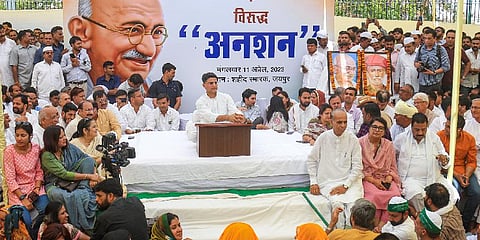 Congress leader Sachin Pilot sits on a hunger strike against the alleged corruption during previous BJP government in Rajasthan. (Photo | PTI)