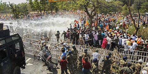 Police use water cannons to disperse BJP workers during their 'Hemant Hatao, Jharkhand Bacahao' protest against Jharkhand CM Hemant Soren, in Ranchi. (Photo | PTI)
