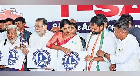 YSRTP president YS Sharmila along with leaders of other Opposition parties releases the logo of T-SAVE in Hyderabad on Monday | Vinay Madapu