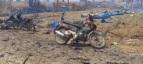 This photo provided by the Kyunhla Activists Group shows aftermath of an airstrike in Pazigyi village in Sagaing Region's Kanbalu Township, Myanmar, April 11, 2023. (Photo | AP)