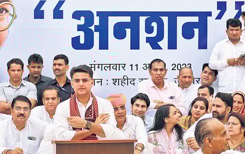 Congress leader and former Rajasthan Deputy Chief Minister Sachin Pilot during a hunger strike at Shaheed Smarak in Jaipur on Tuesday. (Photo | PTI)