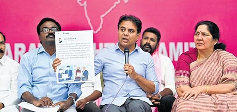 Industries Minister KT Rama Rao addresses a press conference at the Telangana Bhavan in Hyderabad on Tuesday