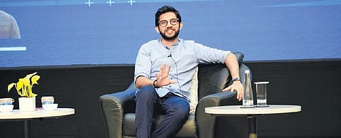Former Maharashtra minister Aditya Thackeray speaks at an event organised by GITAM Deemed to be University in Hyderabad on Tuesday