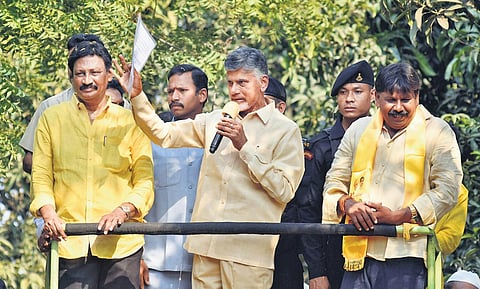 TDP supremo N Chandrababu Naidu addresses a gathering at Ranigari Thota in Vijayawada on Wednesday I Prasant Madugula