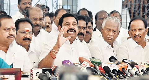 AIADMK MLAs led by Edappadi K Palaniswami talking to media after staging a walkout on Wednesday | P Jawahar