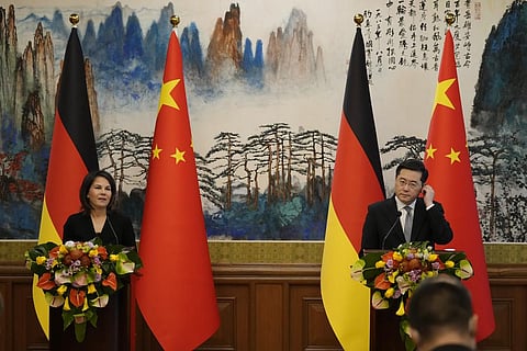 German Foreign Minister Annalena Baerbock, left, and Chinese Foreign Minister Qin Gang attend a joint press conference at the Diaoyutai State Guesthouse in Beijing. (Photo | AP)