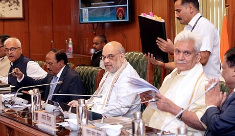 Home Minister Amit Shah chairs a high-level meeting to review security situation in Jammu and Kashmir, in New Delhi, on April 13, 2023. (Photo | PTI)