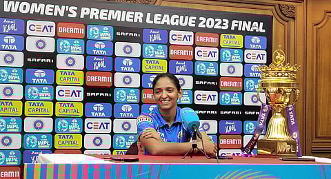 Mumbai Indians’ captain Harmanpreet Kaur with the WPL trophy in Mumbai | Gomesh S