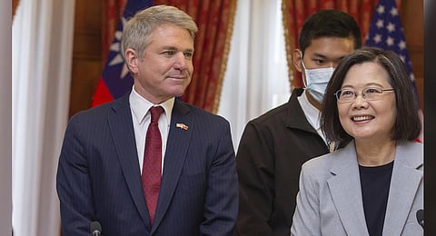 In this photo released by the Taiwan Presidential Office, House Foreign Affairs Committee Chairman Michael McCaul, R-Texas, left, attends a luncheon with Taiwan's President Tsai Ing-wen. (Photo | AP)