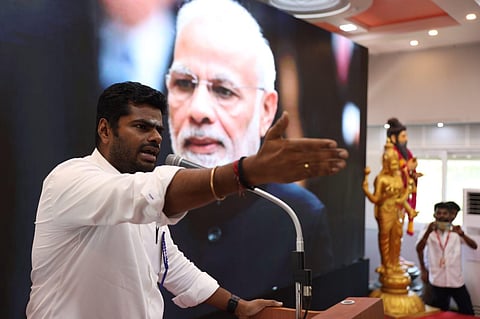 Tamil Nadu BJP president Annamalai addresses the media accusing DMK ministers of corruption at the BJP headquarters in T Nagar on April 14, 2023. ( Photo | EPS/ Sri Loganathan V)