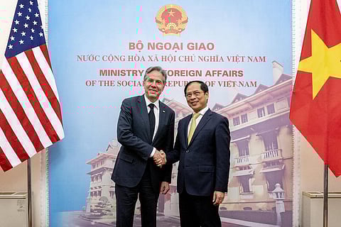 U.S. Secretary of State Antony Blinken, and Vietnam's Foreign Minister Bui Thanh Son pose as they meet at the Government Guest House in Hanoi, Vietnam. (Photo | AP)
