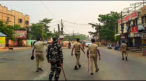 Security personnel in Sambalpur during curfew on April 15, 2023. ( Photo | PTI)