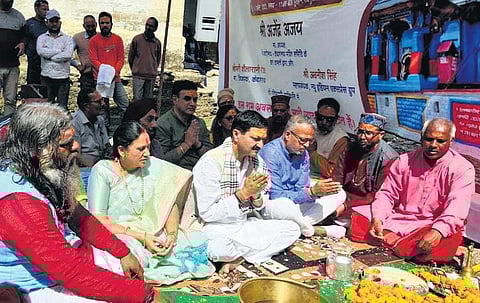 Badri Kedar Temple Committee Chairman Ajendra Ajay at the bhoomi pujan. (Photo | express)