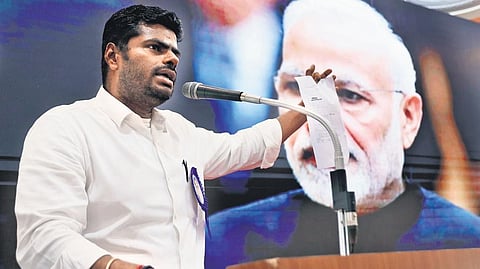 Annamalai addressing the media during the release of DMK files at BJP headquarters in TNagar, Chennai, on Friday | Sri Loganathan Velmurugan
