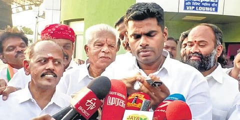 BJP leader Annamalai talking to reporters at Tiruchy airport on Saturday | Express