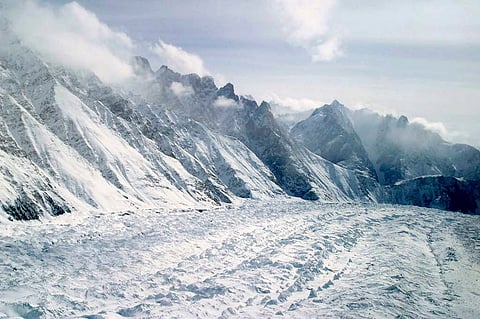 This Feb. 1, 2005 file photo shows an aerial view of the Siachen Glacier, which traverses the Himalayan region dividing India and Pakistan, about 750 kilometers (469 miles) northwest of Jammu, India.