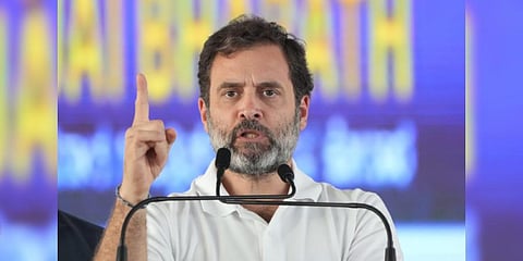 Congress leader Rahul Gandhi addresses a public meeting ahead of Assembly polls, in Kolar, Karnataka, Sunday, April 16, 2023. (Photo | PTI)