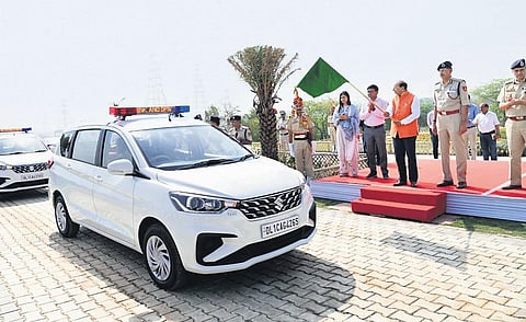 L-G VK Saxena flags off the newly-procured vehicles from Baansera on the banks of river Yamuna, near Sarai Kale Khan, on Sunday | express