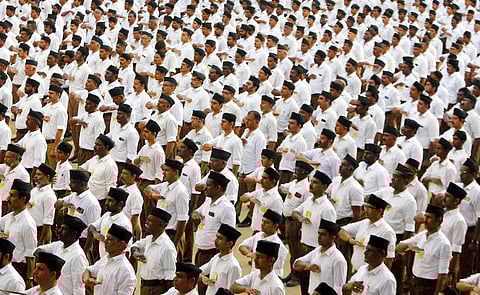 Members of the sangh taking part in the rally held at Korattur in Chennai. (Photo | P Ravikumar, EPS)