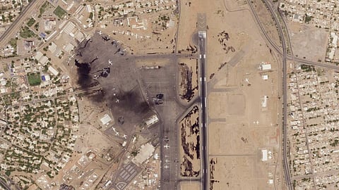 This satellite photo from Planet Labs PBC shows damaged aircraft, including one on fire, at Khartoum International Airport in Khartoum, Sudan, Monday, April 17, 2023. (Photo | AP)