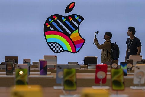 iPhones are on display during a press preview of India's first Apple Store in Mumbai, India, on Monday, April 17, 2023.