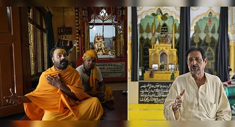 A collage of Hindu priest Swami Ram Das (L) and Muslim community leader Syed Mohammad Munir Abidi (R) expressing their views on the city, in Ayodhya, March 29, 2023. (Photo | AP)