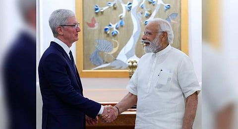 Prime Minister Narendra Modi with Apple CEO Tim Cook at a meeting in New Delhi, Wednesday, April 19, 2023. (Photo | PTI )