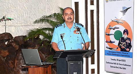Chief of the Air Staff, Air Chief Marshal, VR Chaudhari speaks at a Seminar, in New Delhi on Tuesday. (Photo | ANI)