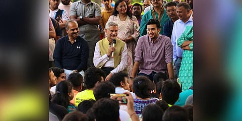 External Affairs Minister S Jaishankar interacts with youth during a class on foreign policy at the Cubbon Park, in Bengaluru. (Photo | PTI)