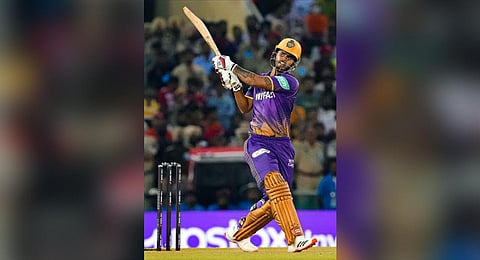 Kolkata Knight Riders batsman Nitish Rana plays a shot during IPL 2023 cricket match between Punjab Kings and Kolkata Knight Riders, at Punjab Cricket Association Stadium in Mohali, Saturday, April 1,