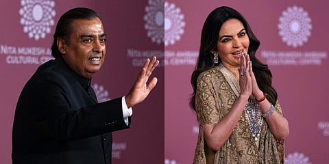 Reliance Industries Chairman Mukesh Ambani and Nita Ambani during the inauguration of Nita Mukesh Ambani Cultural Centre, in Mumbai on April 1, 2023. (Photo | PTI)