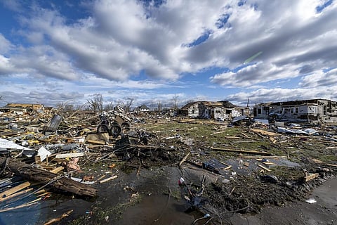 Damage from a late-night tornado is seen in Sullivan, Ind., Saturday, April 1, 2023. Multiple deaths were reported in the area following the storm. (Photo | AP)