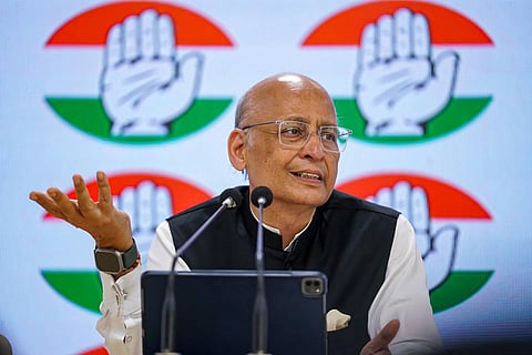 Congress MP Abhishek Manu Singhvi addresses a press conference, at AICC Headquarters in New Delhi, Thursday, April 20, 2023. (Photo | PTI)