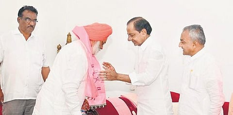 BRS supremo K Chandrasekhar Rao welcomes former NCP vice-president (Aurangabad) Ranwa Singh into the party fold, in Hyderabad on Wednesday