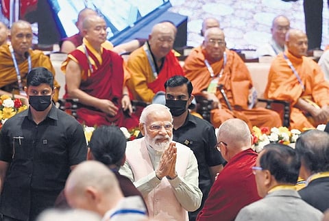 PM Narendra Modi greets a Buddhist monk during the inauguration of Global Buddhist Summit 2023 in New Delhi on Thursday | Shekhar yadav