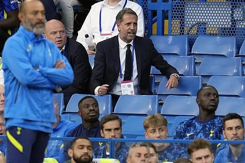 FILE - Tottenham Managing Director Fabio Paratici sits on the bench during the friendly soccer match against Chelsea at Stamford Bridge stadium in London, Wednesday, Aug. 4, 2021. (Photo | AP)