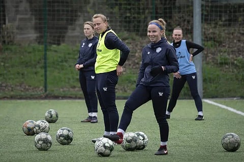 Polina Polukhina, captain of a women's football team from Mariupol, centre, on a training session with her teammates in Kyiv, Ukraine, Thursday, April 13, 2023. (Photo | AP)