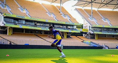 CSK fast bowler Matheesha Pathirana trains at the MA Chidambaram Stadium at Chepauk.