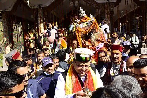 'On behalf of Prime Minister Narendra Modi, Chief Minister Pushkar Singh Dhami offered his first puja and prayed for the prosperity of Uttarakhand and the country.' (Photo | EPS)