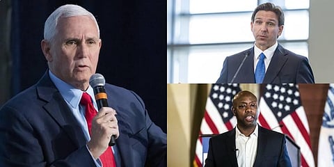 Former US Vice President Mike Pence (L), Florida Governor Ron DeSantis (TR) and South Carolina Senator Tim Scott are all expected to throw their hat into the GOP nominee race. (Photo | AP)