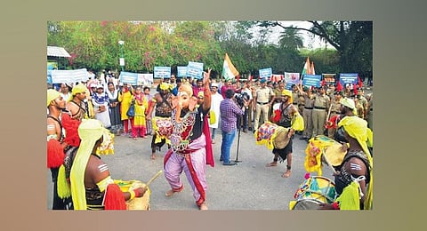 A street play being held at Lalbagh to create awareness among walkers and visitors to come out and vote. (Photo | Express)