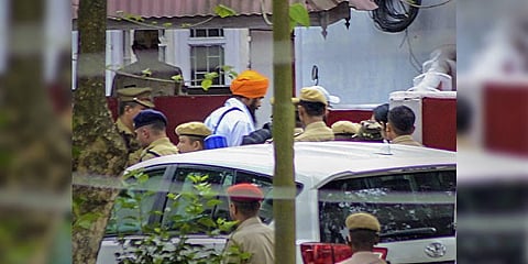 'Waris Punjab De' chief Amritpal Singh being brought to Dibrugarh Central Jail following his arrest from Punjab's Moga, in Dibrugarh, Sunday, April 23, 2023. (Photo | PTI)