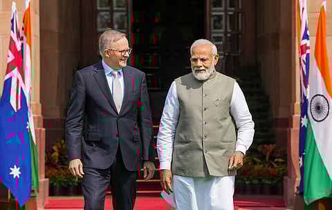 Prime Minister Narendra Modi with Prime Minister of Australia Anthony Albanese before their meeting, at the Hyderabad House in New Delhi (File photo | PTI)